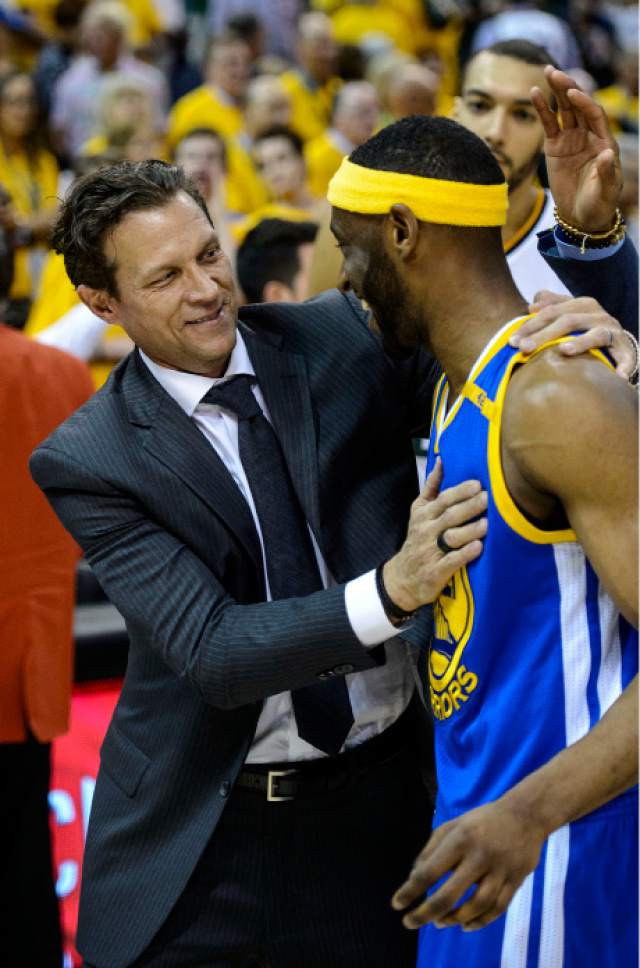 Steve Griffin  |  The Salt Lake Tribune


Utah Jazz head coach Quin Snyder hugs former Jazz player and current Golden State Warriors guard Ian Clark (21), after the Jazz fell to the Warriors in game 4 of the NBA playoffs at Vivint Smart Home Arena in Salt Lake City Monday May 8, 2017.