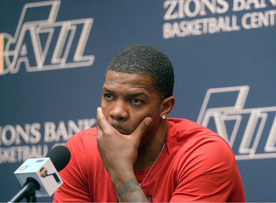Al Hartmann  |  The Salt Lake Tribune
Jazz player Joe Johnson ponders a question on the season during exit interview with the sports media in Salt Lake City Tuesday May 9.  The team cleaned out their lockers after their loss to the Golden State Warriors last night.