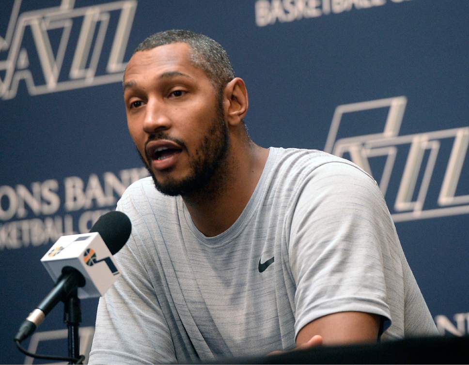 Al Hartmann  |  The Salt Lake Tribune
Jazz player Boris Diaw answers question on the season during exit interview with the sports media in Salt Lake City Tuesday May 9.  The team cleaned out their lockers after their loss to the Golden State Warriors last night.