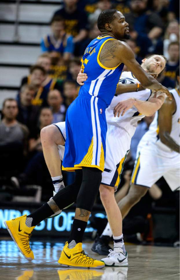 Steve Griffin  |  The Salt Lake Tribune


Golden State Warriors forward Kevin Durant (35) crates into Utah Jazz forward Joe Ingles (2) during game 4 of the NBA playoff game between the Utah Jazz and the Golden State Warriors at Vivint Smart Home Arena in Salt Lake City Monday May 8, 2017.