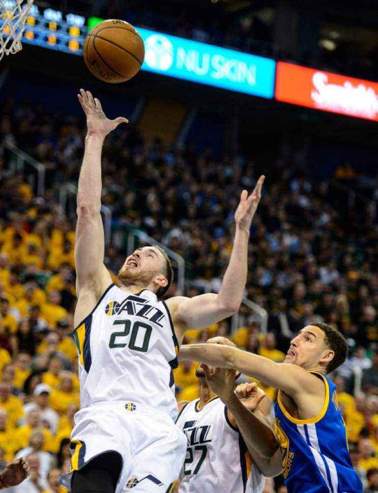 Steve Griffin  |  The Salt Lake Tribune


Utah Jazz forward Gordon Hayward (20) shoots a floater in the lane during game 4 of the NBA playoff game between the Utah Jazz and the Golden State Warriors at Vivint Smart Home Arena in Salt Lake City Monday May 8, 2017.