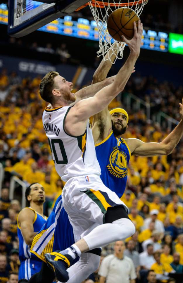 Steve Griffin  |  The Salt Lake Tribune


Utah Jazz forward Gordon Hayward (20) gets to the basket as Golden State Warriors center JaVale McGee (1) defends during game 4 of the NBA playoff game between the Utah Jazz and the Golden State Warriors at Vivint Smart Home Arena in Salt Lake City Monday May 8, 2017.