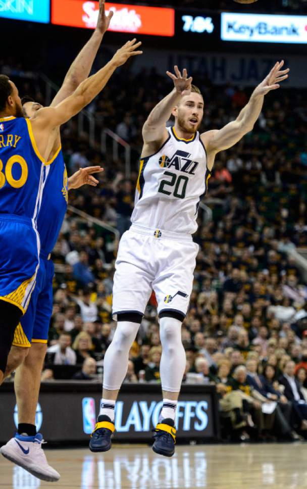 Steve Griffin  |  The Salt Lake Tribune


Utah Jazz forward Gordon Hayward (20) passes the bal during game 4 of the NBA playoff game between the Utah Jazz and the Golden State Warriors at Vivint Smart Home Arena in Salt Lake City Monday May 8, 2017.