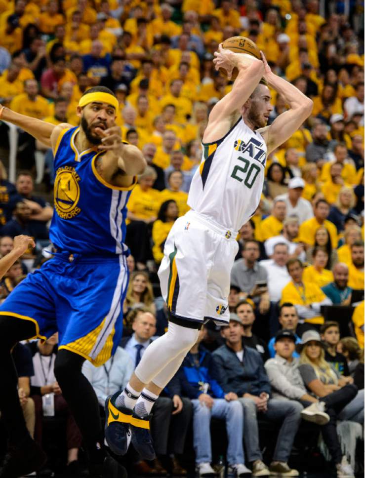 Steve Griffin  |  The Salt Lake Tribune


Utah Jazz forward Gordon Hayward (20) passes out of trouble during game 4 of the NBA playoff game between the Utah Jazz and the Golden State Warriors at Vivint Smart Home Arena in Salt Lake City Monday May 8, 2017.