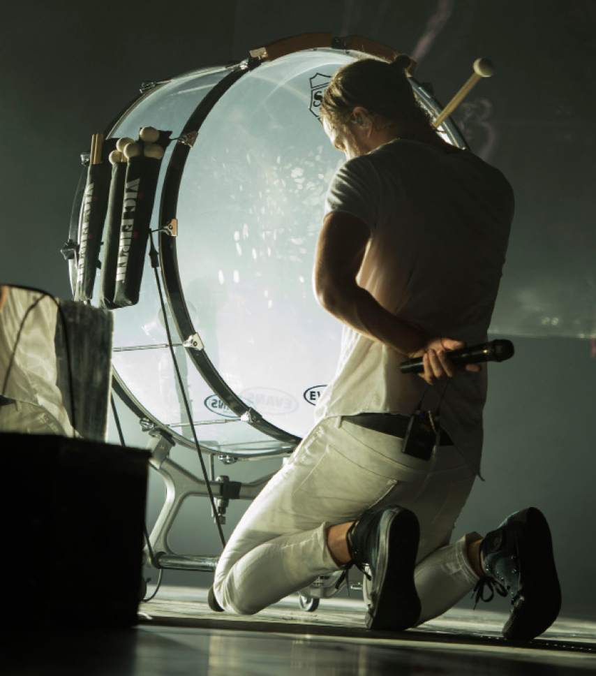 Steve Griffin  |  The Salt Lake Tribune


Dan Reynolds plays a drum during the Imagine Dragons "Smoke and Mirrors" tour at EnergySolutions Arena in Salt Lake City, Tuesday, July 28, 2015.
