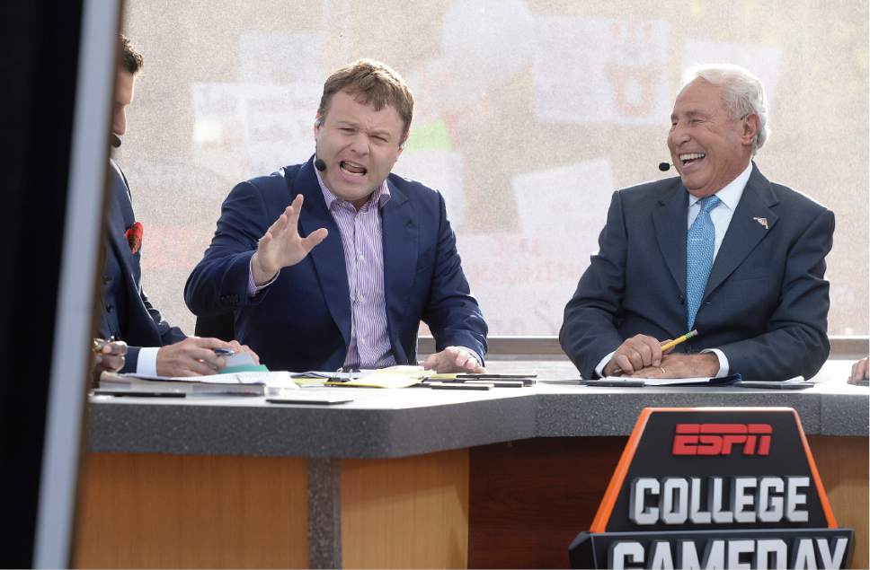 Scott Sommerdorf   |  The Salt Lake Tribune  
Ventriloquist Frank Caliendo, left, did a number of impersonations during the ESPN College Gameday broadcast from President's Circle on the University of Utah campus, Saturday, October 29, 2016. Lee Corso laughs at right.
