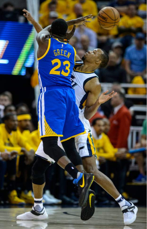 Steve Griffin  |  The Salt Lake Tribune


Utah Jazz guard Rodney Hood (5) defends Golden State Warriors forward Draymond Green (23) during game 4 of the NBA playoff game between the Utah Jazz and the Golden State Warriors at Vivint Smart Home Arena in Salt Lake City Monday May 8, 2017.