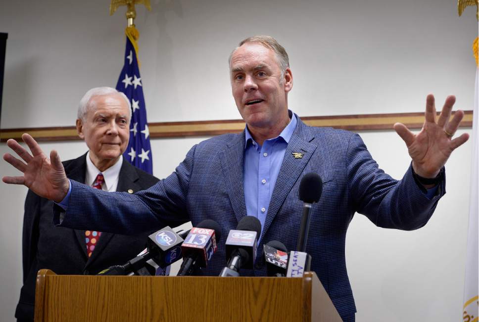 Scott Sommerdorf | The Salt Lake Tribune
Secretary of the Interior Ryan Zinke spoke at a brief press conference after having met with members of the Bears Ears Commission Sunday at the Bureau of Land Management office at the Gateway in Salt Lake City, Sunday, May 7, 2017.