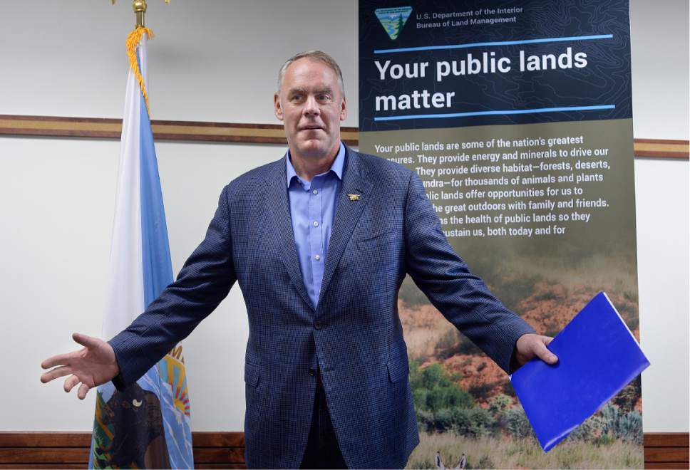 Scott Sommerdorf | The Salt Lake Tribune
Secretary of the Interior Ryan Zinke greets the media in attendance at a brief press conference after having met with members of the Bears Ears Commission Sunday at the Bureau of Land Management office at the Gateway in Salt Lake City, Sunday, May 7, 2017.