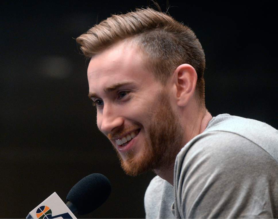 Al Hartmann  |  The Salt Lake Tribune
Jazz player Gordon Hayward contemplates an answer on the season in exit interview in front of the sports media in Salt Lake City Tuesday May 9.  The team cleaned out their lockers after their loss to the Golden State Warriors last night.
