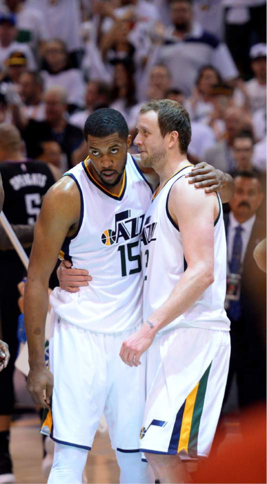 Steve Griffin  |  The Salt Lake Tribune


Utah Jazz forward Derrick Favors (15) and Utah Jazz forward Joe Ingles (2) embrace at mid court after the Jazz stormed back in the fourth quarter and defeated the Clippers during NBA playoff game at Viviint Smart Home arena in Salt Lake City Sunday April 23, 2017.