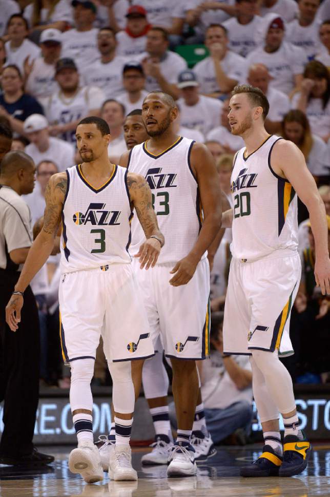 Leah Hogsten  |  The Salt Lake Tribune 
Utah Jazz guard George Hill (3) scored 26 points and forward Gordon Hayward (20) scored 40 points. The Utah Jazz lead the Los Angeles Clippers after the third quarter during Game 3 of their first-round Western Conference playoff series at Vivint Smart Home Arena, Friday, April 21, 2017.