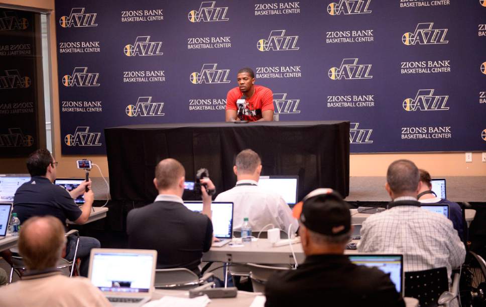 Al Hartmann  |  The Salt Lake Tribune
Jazz player Joe Johnson answers question on the season during exit interview with the sports media in Salt Lake City Tuesday May 9.  The team cleaned out their lockers after their loss to the Golden State Warriors last night.