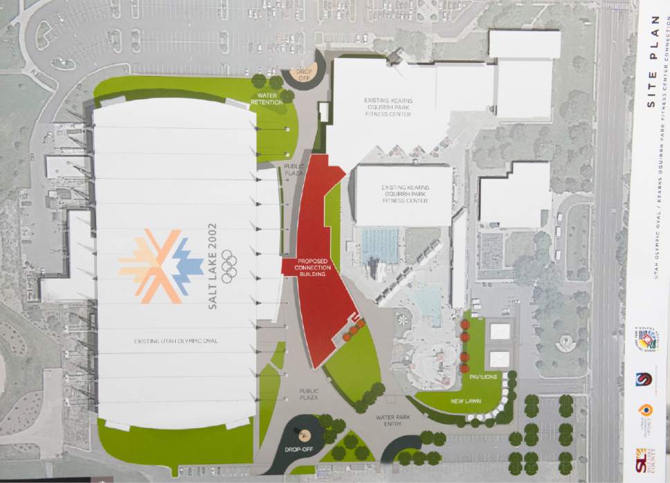 Rick Egan  |  The Salt Lake Tribune

Site plan showing how a proposed two-story building(in red) would connect the Oquirrh Park Fitness Center on the right with the Utah Olympic Oval on the left. Not only would the new facility provide more space for oval, fitness center and US Speedskating officials, but it could become a community center with meeting rooms for many types of events.