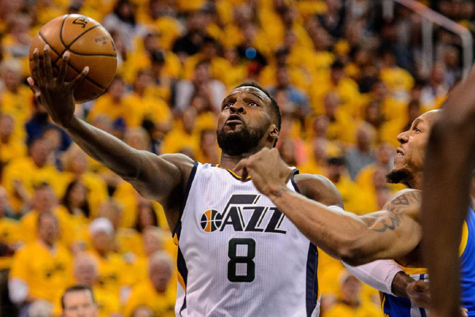 Trent Nelson  |  The Salt Lake Tribune
Utah Jazz guard Shelvin Mack (8) shoots as the Utah Jazz host the Golden State Warriors in Game 3 of the second round, NBA playoff basketball in Salt Lake City, Saturday, May 6, 2017.