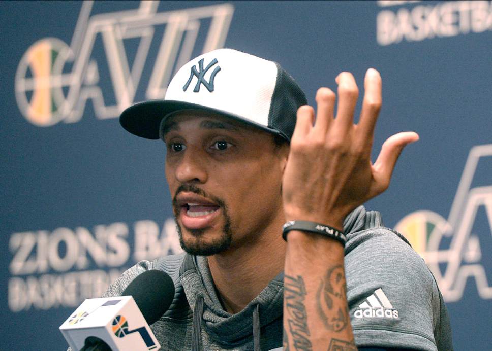 Al Hartmann  |  The Salt Lake Tribune
Jazz player George Hill talks about the season in exit interview in front of the sports media in Salt Lake City Tuesday May 9.  The team cleaned out their lockers after their loss to the Golden State Warriors last night.