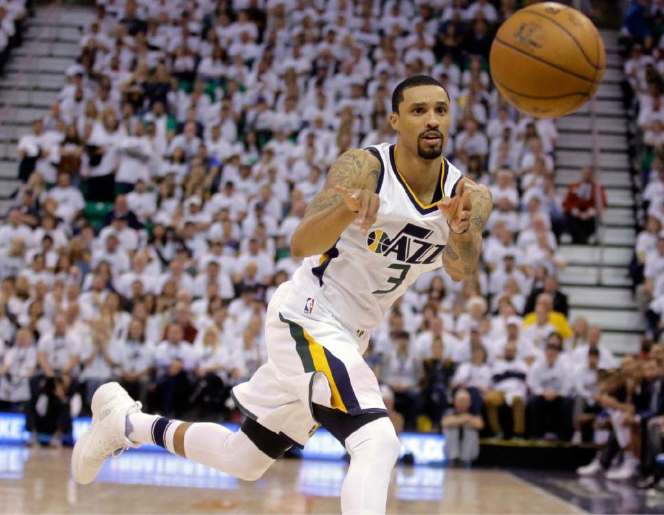 FILE - In this April 28, 2017, file photo, Utah Jazz guard George Hill (3) passes the ball during the second half in Game 6 of an NBA basketball first-round playoff series in Salt Lake City. Hill will not play against the Golden State Warriors in Game 2 on Thursday, May 4, 2017,  due to left big toe soreness. The injury has lingered throughout the season and kept the ninth-year veteran from 16 regular-season games. Hill has averaged 15.6 points, 3.6 assists and 4.1 rebounds in the playoffs. (AP Photo/Rick Bowmer, File)