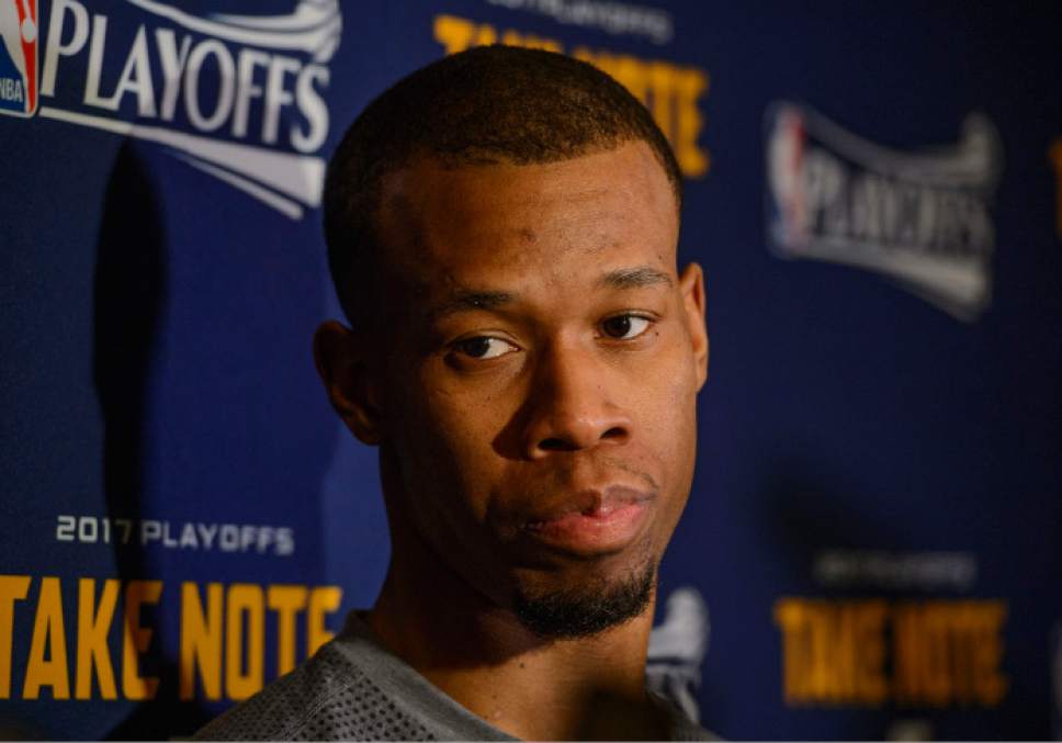 Steve Griffin  |  The Salt Lake Tribune


Utah Jazz guard Rodney Hood (5) talks to reporters during the Utah Jazz media availability at the Four Seasons in San Francisco Wednesday May 3, 2017.