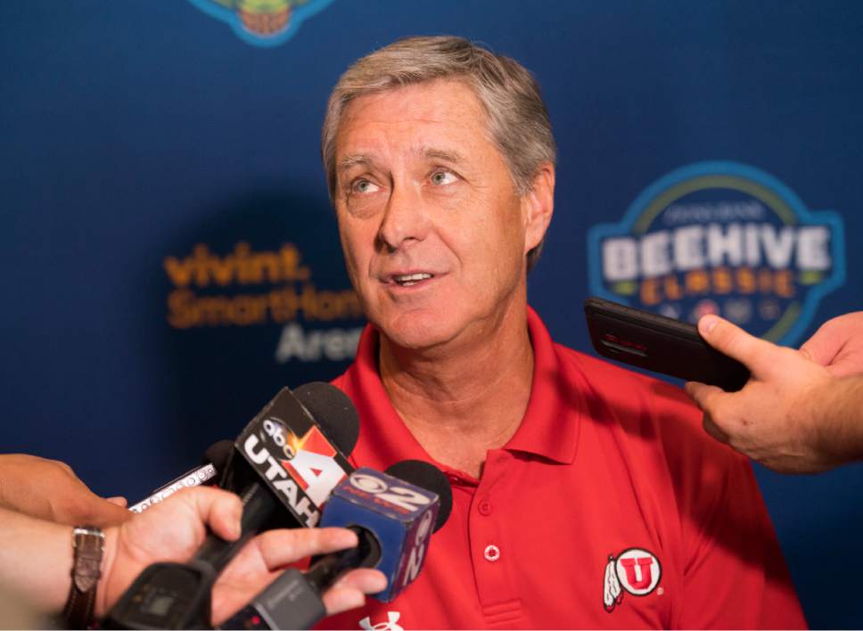 Rick Egan  |  The Salt Lake Tribune

Chris Hill, Athletic Director, University of Utah answer questions from reporters about the basketball showcase featuring BYU, Utah, USU, and Weber State, at Vivint Smart Home Arena, Thursday, July 21, 2016.