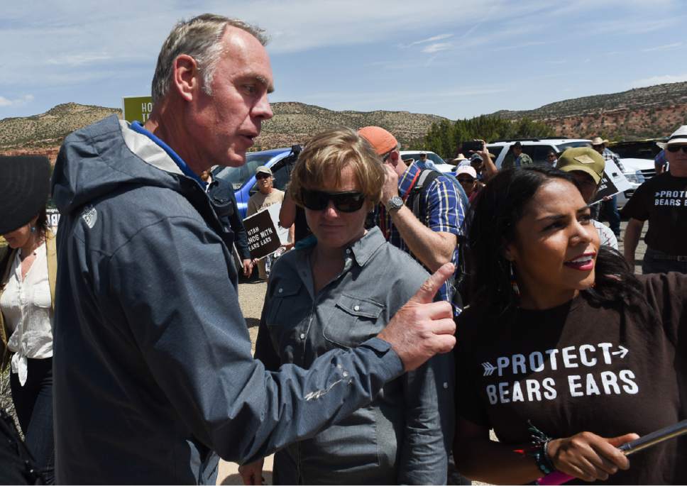 Francisco Kjolseth | The Salt Lake Tribune
Interior Secretary Ryan Zinke snaps at pro monument activist Cassandra Begay after she directed pointed questions regarding his failure to meet with more Native Americans during his tour of Bears Ears National Monument in southeastern Utah. Interior Secretary Zinke had just arrived at the Butler Wash Indian Ruins trail head within Bears Ears National Monument for a tour.
