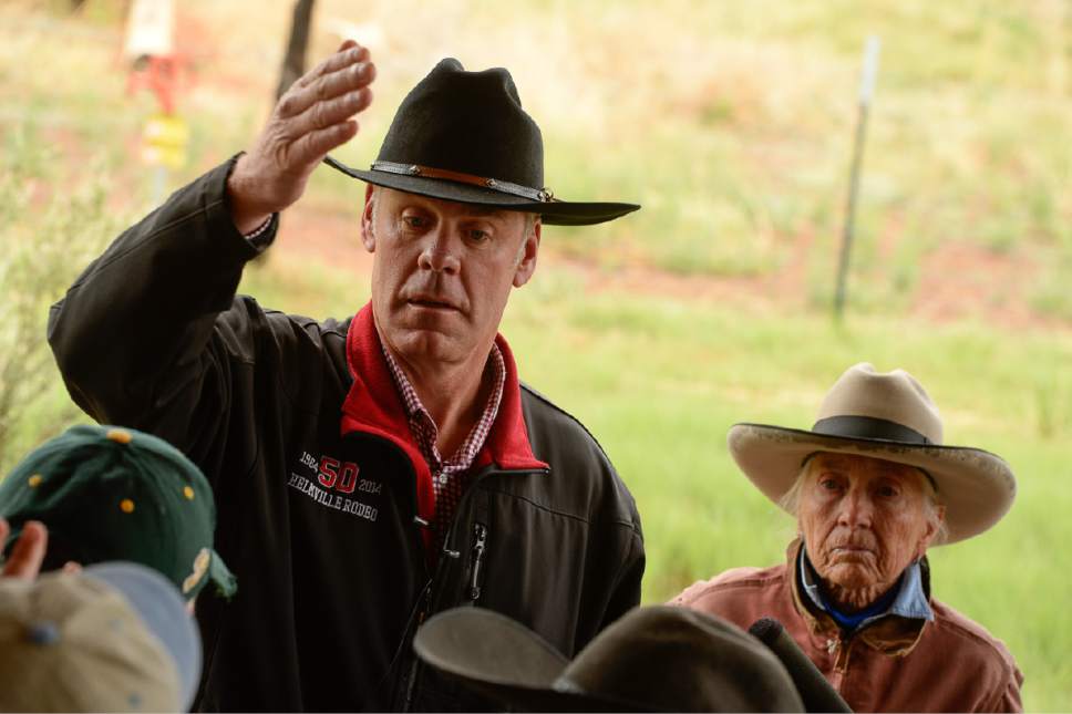 Francisco Kjolseth | The Salt Lake Tribune
Interior Secretary Ryan Zinke speaks with the media as he visits historic Dugout Ranch along Indian Creek, operated by Heidi Redd, at right, under a conservation easement with the Nature Conservancy. Secretary Zinke is continuing his four-day Utah tour on Tuesday, May 9, 2017, of Bears Ears and Grand Staircase-Escalante National Monuments.