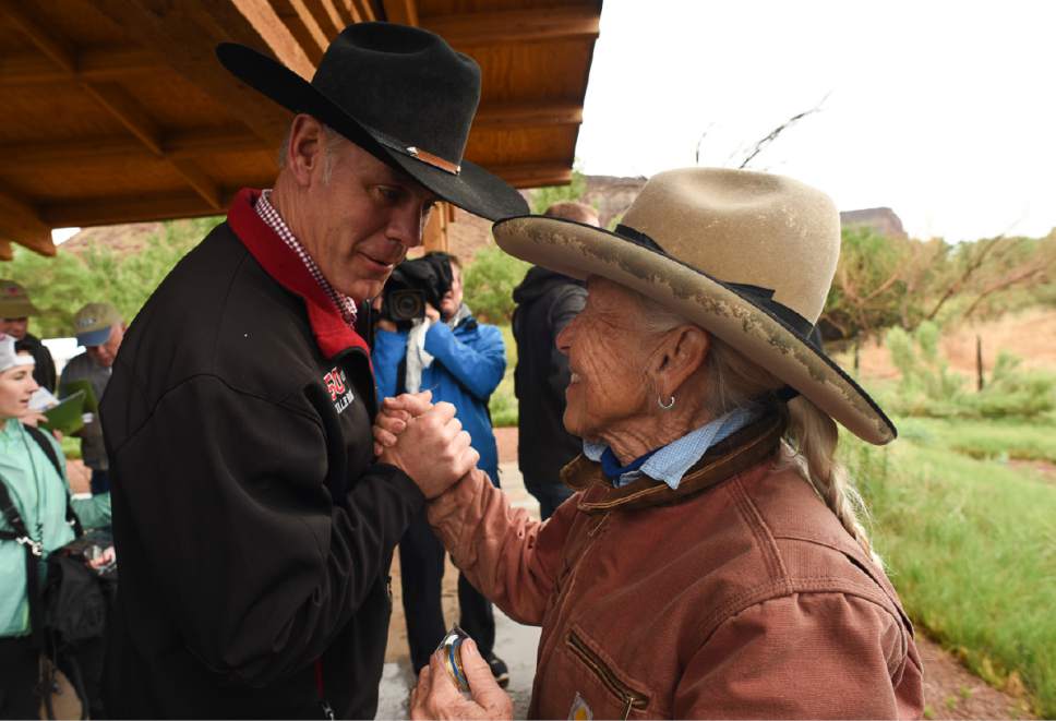 Francisco Kjolseth | The Salt Lake Tribune
Interior Secretary Ryan Zinke thanks Heidi Redd during a visit to her historic Dugout Ranch along Indian Creek,  where she runs it under a conservation easement with the Nature Conservancy. Secretary Zinke is continuing his four-day Utah tour on Tuesday, May 9, 2017, of Bears Ears and Grand Staircase-Escalante National Monuments.