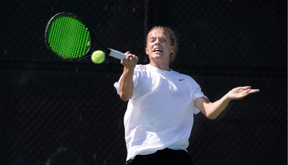 Scott Sommerdorf | The Salt Lake Tribune
Viewmont's Jack Taylor defeated Ethan Dubil of West in the semi-finals of the #1 singles tournament at Liberty Park, Wednesday, May 10, 2017.