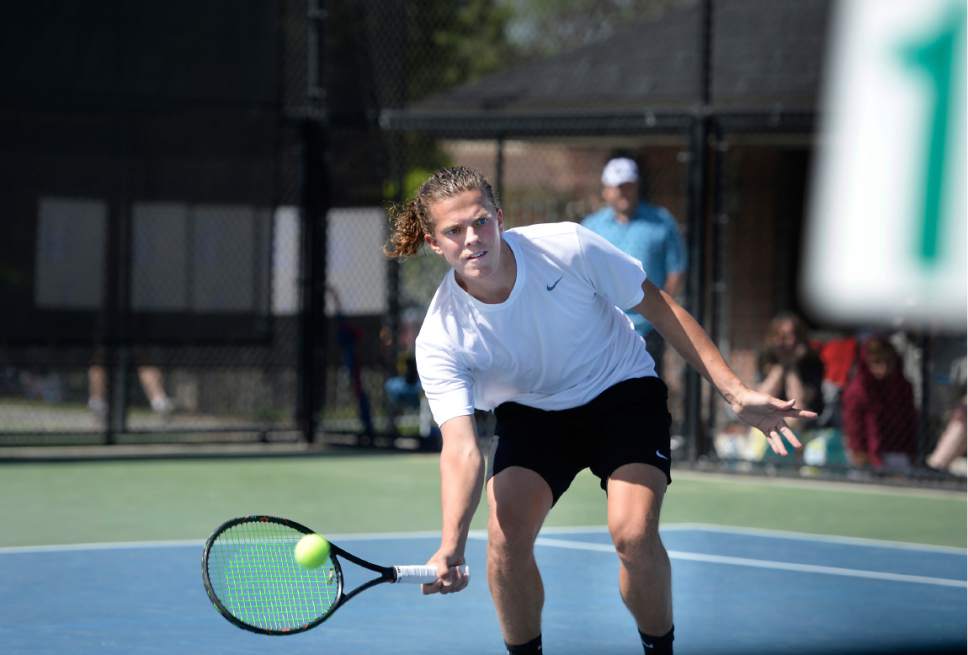 Scott Sommerdorf | The Salt Lake Tribune
Viewmont's Jack Taylor defeated Ethan Dubil of West in the semi-finals of the #1 singles tournament at Liberty Park, Wednesday, May 10, 2017.