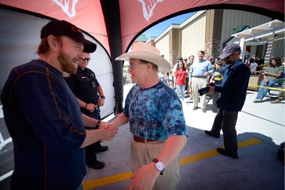 Scott Sommerdorf | The Salt Lake Tribune
Patrick Cornaby was the first in line to meet Chuck Norris as the actor made an appearance at the State Street Maverick in Provo, Thursday, May 10, 2017. Mr. Cornaby was the first in line, having waited 4 and a half hours after arriving at 11am.