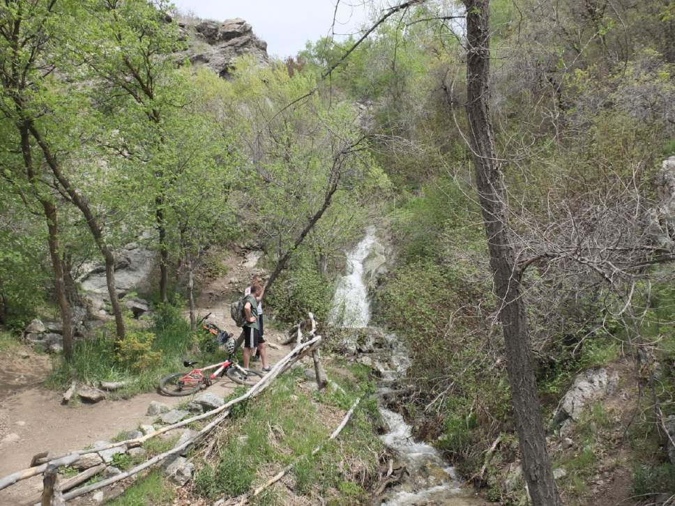 Nate Carlisle  |  The Salt Lake Tribune


Two mountain bikers stand beside Ghost Falls in Corner Canyon on May 6, 2017.