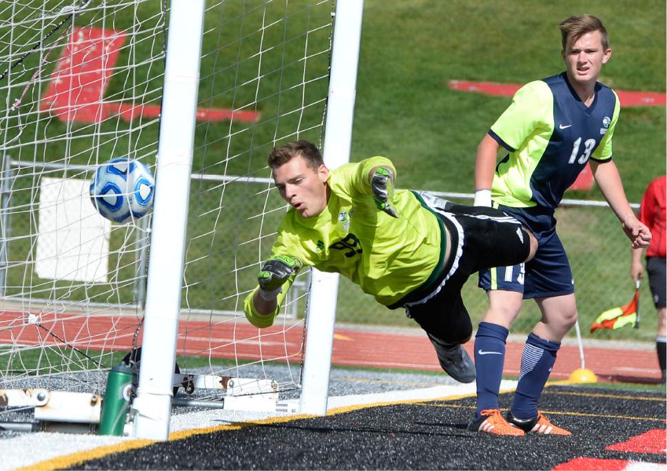 Scott Sommerdorf | The Salt Lake Tribune
Ridgeline goalkeeper Joseph Venhaus let in this one goal that equalized the score at 1-1 as Ridgeline beat Snow Canyon 2-1 in a 3A boy's semi-final, Friday, May 12, 2017.