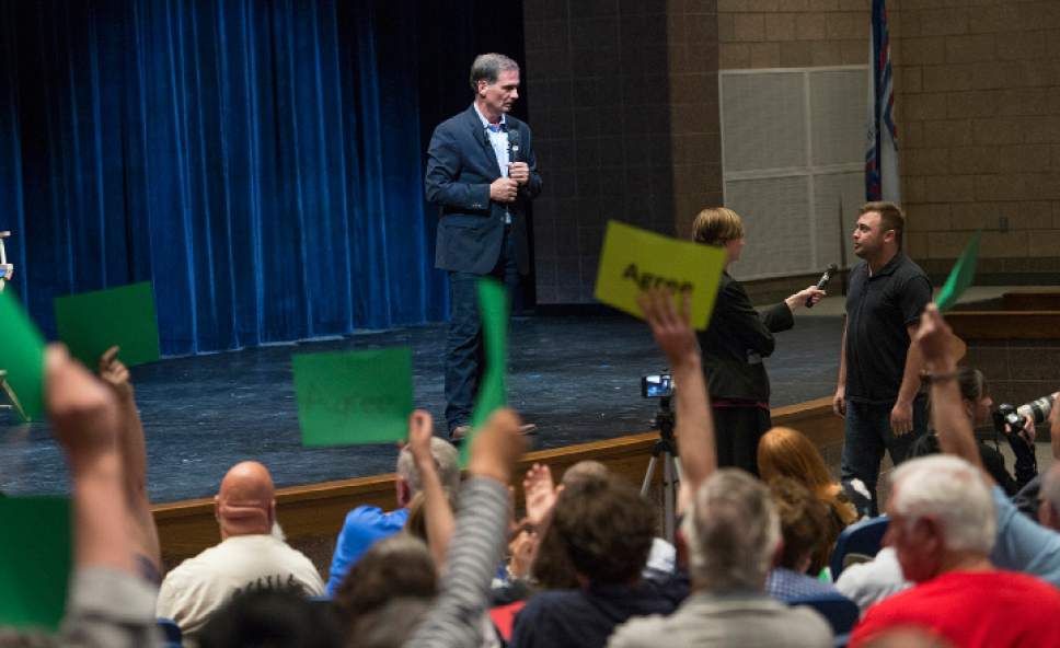 Leah Hogsten  |  The Salt Lake Tribune 
Rep. Chris Stewart, U.S. Representative for the 2nd District of Utah, answers questions from his constituents during a town hall, Friday, May 12, 2017 at Richfield High School.