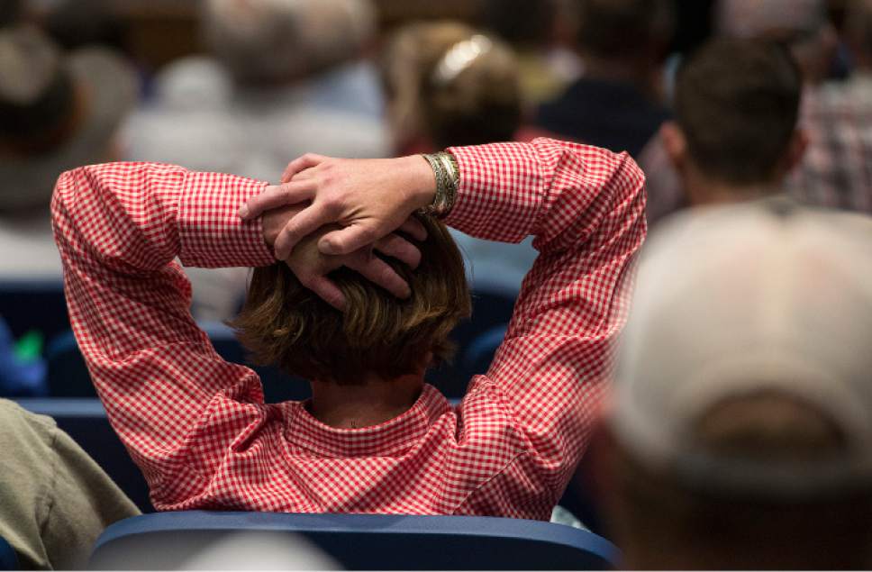 Leah Hogsten  |  The Salt Lake Tribune 
Reactions from the crowd as Rep. Chris Stewart, U.S. Representative for the 2nd District of Utah, answers questions from his constituents during a town hall, Friday, May 12, 2017 at Richfield High School.