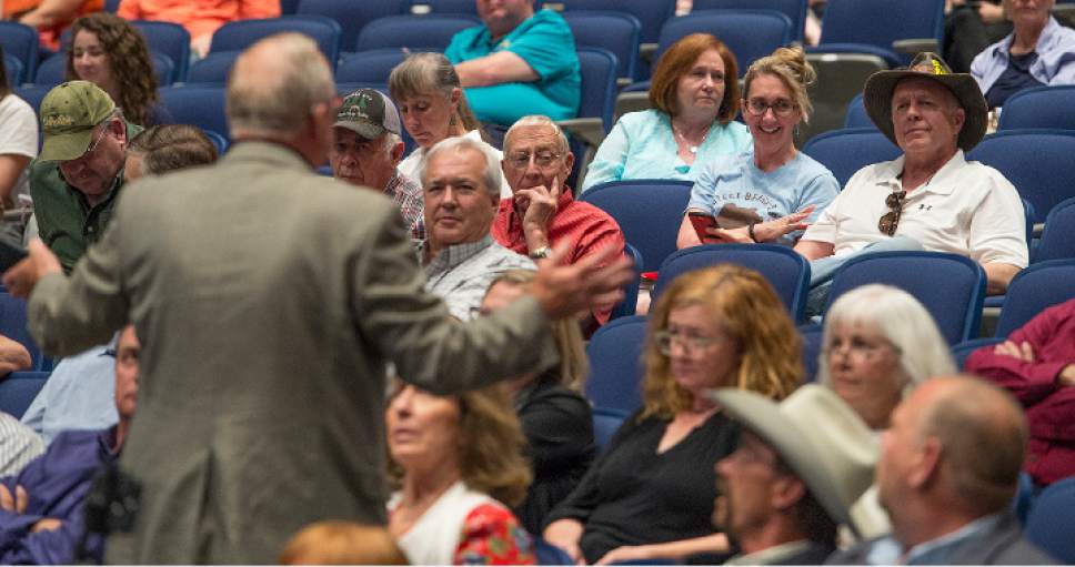 Leah Hogsten  |  The Salt Lake Tribune 
Rep. Chris Stewart, U.S. Representative for the 2nd District of Utah, answers questions from his constituents during a town hall, Friday, May 12, 2017 at Richfield High School.