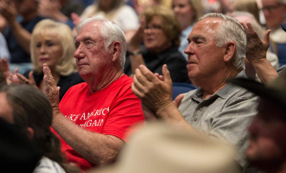 Leah Hogsten  |  The Salt Lake Tribune 
l-r Terry Thompson of Monroe and Woody Farnsworth of Richfield attended the meeting with Rep. Chris Stewart to show their support. Rep. Stewart, U.S. Representative for the 2nd District of Utah, held a town hall Friday, May 12, 2017 at Richfield High School.