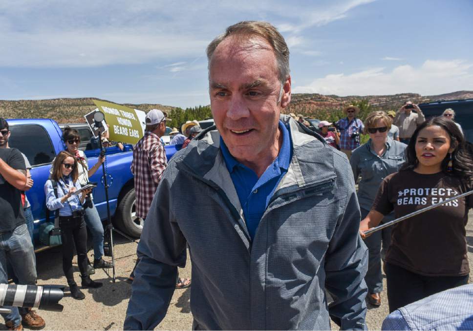 Francisco Kjolseth | The Salt Lake Tribune
Interior Secretary Ryan Zinke arrives at the Butler Wash Indian Ruins trail head within Bears Ears National Monument as supporters of the monument crowd the parking lot on Monday, May 8, 2017. Interior Secretary Zinke is touring the monument, including Grand Staircase-Escalante National Monument this week as part of a review order by President Trump.