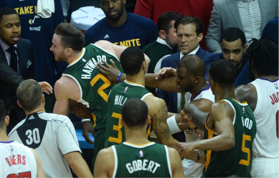 Steve Griffin  |  The Salt Lake Tribune


LA Clippers guard Chris Paul (3) shoves Utah Jazz forward Gordon Hayward (20) after they fought for a loose ball on the ground during game 5 of the the Jazz versus Clippers NBA playoff game at the Staples Center in Los Angeles Tuesday April 25, 2017.