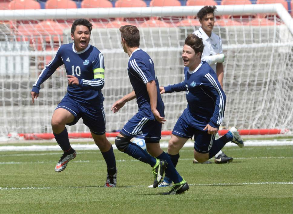 Scott Sommerdorf | The Salt Lake Tribune
Ruben Castillo celebrates his goal that gave Juan Diego a 1-0 lead early in the second half. Ridgeline beat Juan Diego 2-1 in 2 OT to win the 3A state soccer championship, Saturday, May 13, 2017.