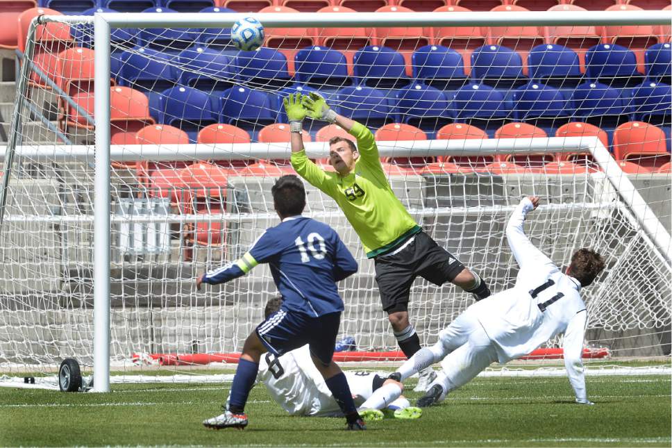 Scott Sommerdorf | The Salt Lake Tribune
Juan Diego's Ruben Castillo missed his second goal of the game by inches as he put this shot just above the crossbar. Ridgeline beat Juan Diego 2-1 in 2 OT to win the 3A state soccer championship, Saturday, May 13, 2017.