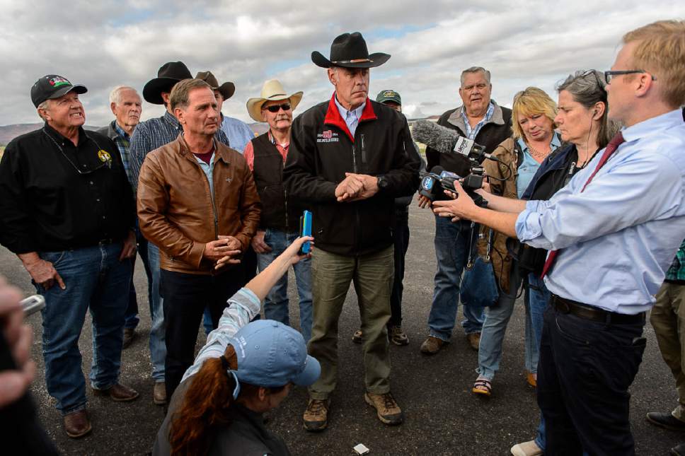 Trent Nelson  |  The Salt Lake Tribune
Secretary of the Interior Ryan Zinke speaks at a news conference at the Kanab Airport, Wednesday May 10, 2017. Standing with him were Rep. Chris Stewart and a group of county commissioners.