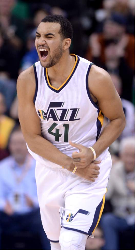 Steve Griffin / The Salt Lake Tribune

Utah Jazz forward Trey Lyles (41) screams with excitement after nailing a three-pointer late in the fourth quarter extending the Jazz lead during the Utah Jazz versus Cleveland Cavaliers NBA basketball game at Vivint Smart Home Arena in Salt Lake City Tuesday January 10, 2017.