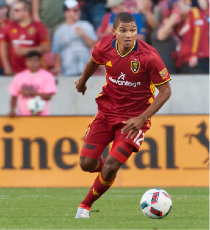 Michael Mangum  |  Special to the Tribune

Real Salt Lake forward Omar Holness (12) dribbles downfield during their MLS match against the Montreal Impact at Rio Tinto Stadium in Sandy, UT on Saturday, July 9th, 2016.