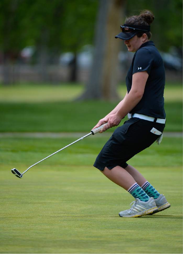 Francisco Kjolseth | The Salt Lake Tribune
Averi Stover of Wasatch sinks just as her ball does too while competing in the 4A Girls High School State Championship at Meadowbrook golf course in Taylorsville on Monday, May 15, 2017.