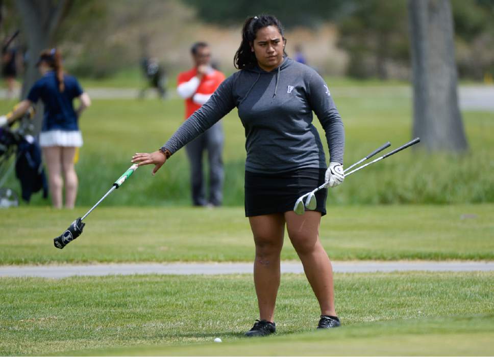 Francisco Kjolseth | The Salt Lake Tribune
Naomi Soifua of Provo readies for her next shot in the 4A Girls High School State Championship at Meadowbrook golf course in Taylorsville on Monday, May 15, 2017.