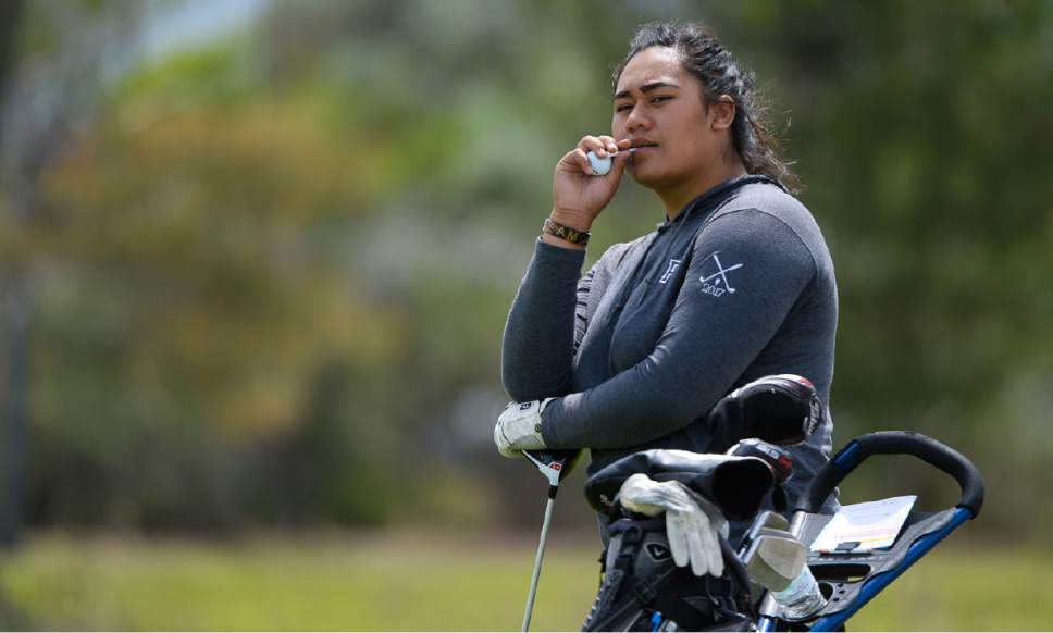 Francisco Kjolseth | The Salt Lake Tribune
Naomi Soifua of Provo waits her turn to tee off in the 4A Girls High School State Championship at Meadowbrook golf course in Taylorsville on Monday, May 15, 2017.