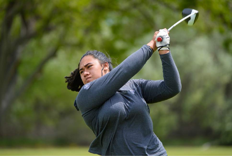 Francisco Kjolseth | The Salt Lake Tribune
Naomi Soifua of Provo drives a powerful shot in the 4A Girls High School State Championship at Meadowbrook golf course in Taylorsville on Monday, May 15, 2017.