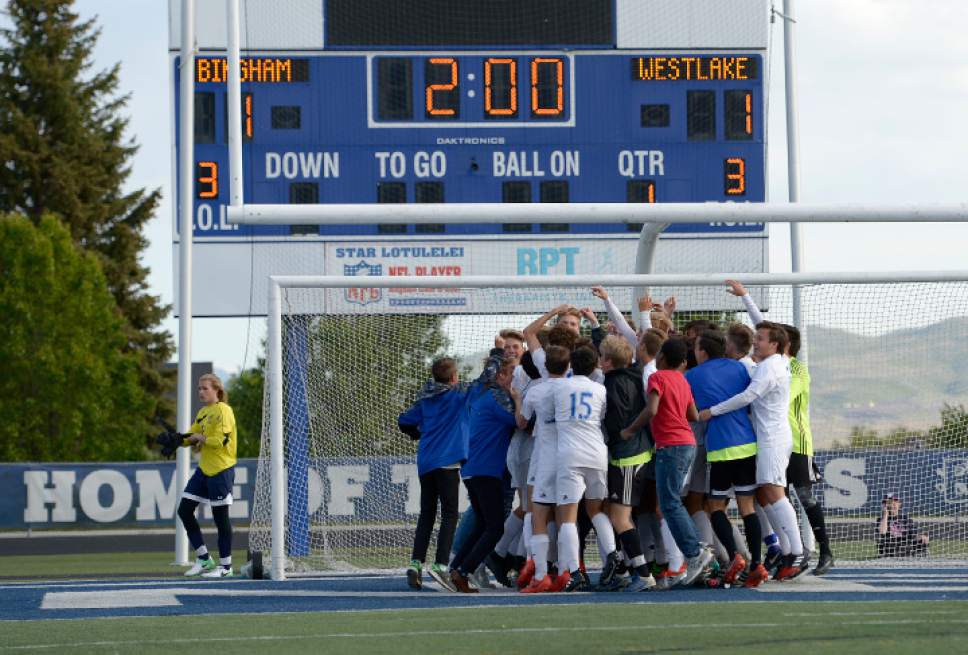Leah Hogsten  |  The Salt Lake Tribune
Bingham High School boys' soccer team defeated Westlake High School 3-2 in a sudden death shootout during their Class 5A  playoff opener, Tuesday, May 16, 2017.