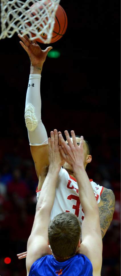 Steve Griffin  |  The Salt Lake Tribune


Utah Utes forward Kyle Kuzma (35) gets his cant see the basket but scores over Boise State Broncos center Robin Jorch (10) anyway during the Utah versus Boise State basketball game in the first round of the NIT at the Huntsman Center on the University of Utah campus in Salt Lake City Tuesday March 14, 2017.