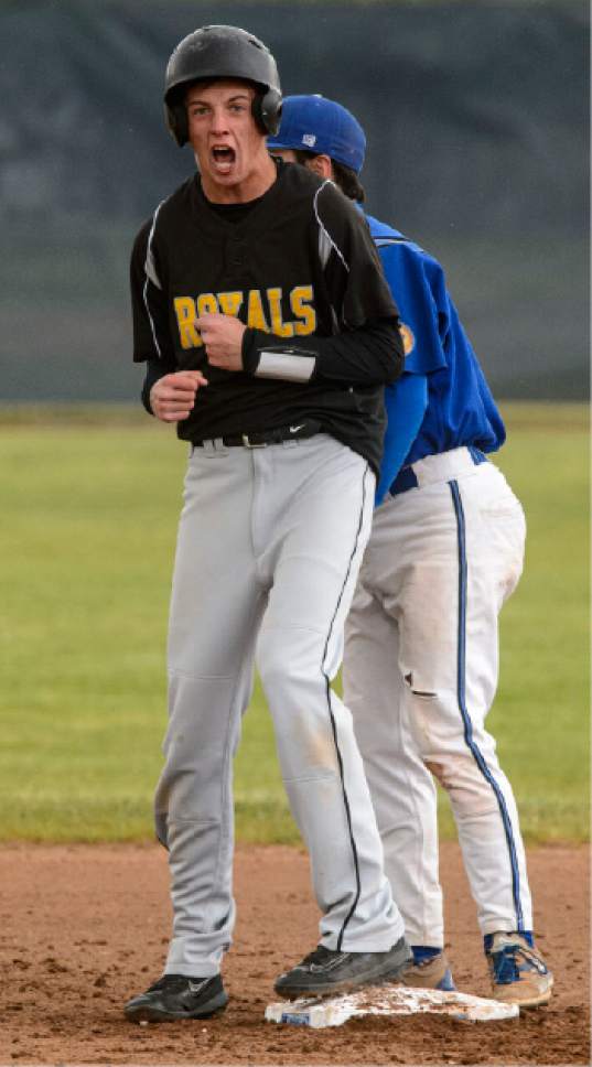 Steve Griffin  |  The Salt Lake Tribune



Roy's Kaden Rust gets pumped up after ripping a double down the left field line during class 5A baseball state playoff game against Roy at Bingham High School in South Jordan Wednesday May 17, 2017.