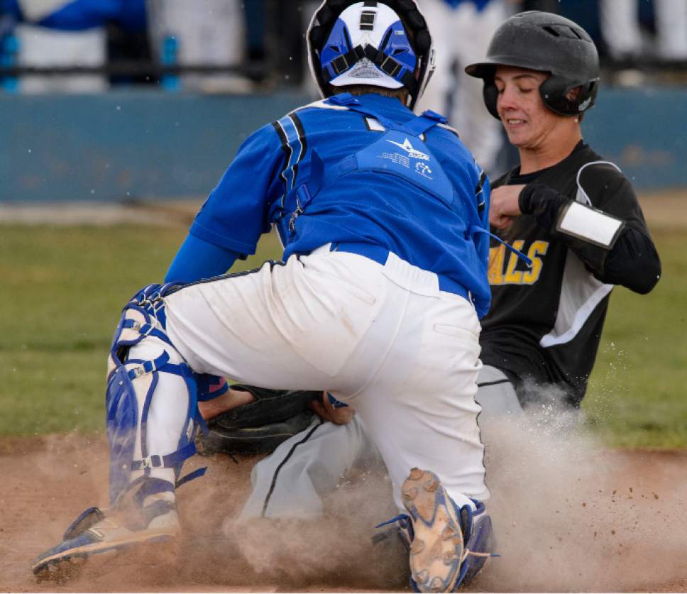 Steve Griffin  |  The Salt Lake Tribune



Bingham catcher Koby Tingey tags out Roy's Kaden Rust at the plate during class 5A baseball state playoff game against Roy at Bingham High School in South Jordan Wednesday May 17, 2017.